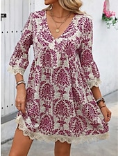 preiswerte Ausgefallene Kleider-Damen Minikleid Casual kleid Boho-Kleid Brautkleider schlicht Täglich Regular Fit Blumen 3/4 Ärmel V Ausschnitt Wein Blau Grün Sommer Frühling Herbst