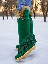 baratos Botas de neve e inverno-Botas de inverno femininas de camurça verde mocassim com forro de pele e detalhes de franjas – botas de neve confortáveis na altura do joelho para o tempo frio