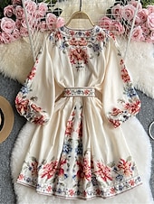 abordables Robes Bohémiennes-Femme Robe mi-longue Robe casual Robe Évasée Robe Trapèze robe boheme Rétro Vintage Décontractées du quotidien Standard Floral manche longue Col V Bleu de minuit Beige Printemps Automne