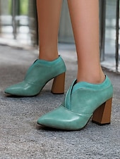 baratos Botas de tornozelo-botins femininos de couro sintético verde com bico fino e salto bloco – sapatos modernos e sofisticados para uso no escritório e na noite