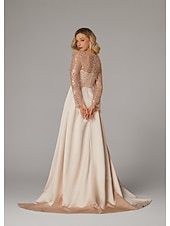 preiswerte Sekt-Meerjungfrau Abendkleid Elegantes Kleid Karneval Maskerade bodenlang langärmlig Illusions-Ausschnitt Champagner Brautmutter Kleid Satin mit Perlen Überrock