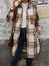 billiga Kappor och trenchcoats-Dam Vinterkappa Utomhus Gata Dagliga kläder Höst Vinter Lång Täcka Normal Håller värmen Andningsfunktion Stylish Ledigt Jacka Långärmad Ränder och pläd Med fickor Mönster Vin Kaffe Grå