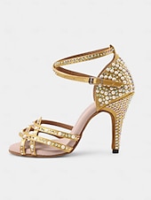 cheap Latin Shoes-Women&#039;s Gold Rhinestone-Embellished Latin Dance Shoes - Open-Toe Heels with Strappy Design for Ballroom, Salsa, and Special Occasions