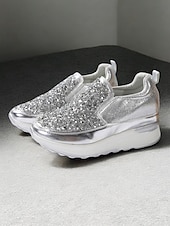 billige Sneakers til kvinner-svarte slip-on joggesko for kvinner med glitterpynt og plattformsåle – stilige fritidssko for hverdagsbruk