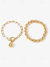 お買い得  レディースネックレス-スタイリッシュなシルバーボールビーズネックレスとブレスレット - モダンでシックな外観のトグル留め具付きのチャンキーレイヤーチェーンデザイン