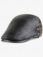 cheap Men&#039;s Hats-Men&#039;s Classic Faux Leather Newsboy Cap – Vintage Flat Ivy Hat with Lace-Up Side Details for Casual and Formal Looks