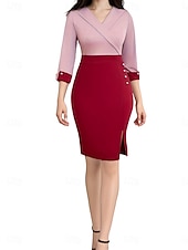 abordables Robes de travail-Robe de travail Robe Droite Femme Robe mi-longue Elégant Mode Patchwork Col V Manches 3/4 Bureau du quotidien Plein Standard Vin Printemps Automne S M L XL 2XL