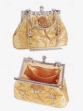 cheap Clutches &amp; Evening Bags-Women&#039;s Vintage Green Velvet Handbag with Beaded Floral Embroidery and Metal Frame – Elegant Evening Bag