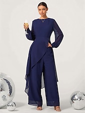olcso Kétrészes készletek-női esküvői vendég jumpsuit elegáns sötétkék hosszú áttetsző ujjú széles láb elegáns esti parti viselet kerek nyakkivágás tavasz nyár ősz