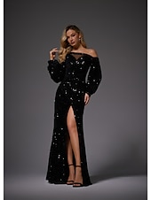 preiswerte SCHWARZ-Meerjungfrau Abendkleid Partykleid Formeller Sweep  Brush Train Lange Ärmel Rundhalsausschnitt Pailletten mit Glitzer Raffung Schlitz