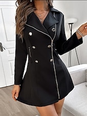 preiswerte Kleider für die Arbeit-Damen A Linie Kleid Minikleid Polyester Zip Knopf Elegant V Ausschnitt Langarm Schwarz Rote Farbe