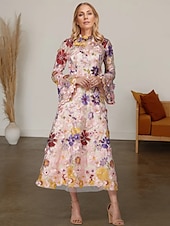 cheap Floor Length-Beach Wedding A-Line Mother of the Bride Dress Formal Wedding Guest Elegant High Neck Ankle Length Tulle Long Sleeve with Embroidery Flower 2025 free custom size