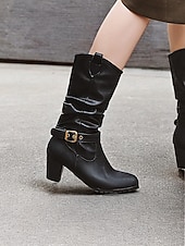 olcso Slouch Boots-barna, térdig érő női csizma csatos részletekkel és blokksarkúval – klasszikus és sokoldalú lábbeli hétköznapi és őszi ruhákhoz