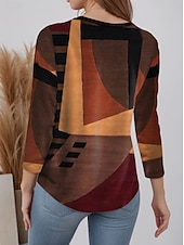 economico T-shirt a righe e geometrico-Per donna Maglietta Geometrico Moda Moderno Casual Manica Lunga Girocollo Top Regolari Quotidiano Weekend Stampato Marrone chiaro Autunno Inverno