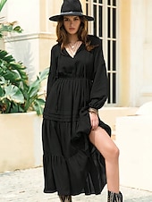 abordables robe longue noire-robe noire à volants en patchwork pour femme, robe longue, maxi, manches lanternes, élégante, décontractée, unie, col en V, manches longues, rendez-vous quotidien, été, printemps, noir