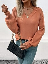 economico Colori solidi-Per donna Felpa Informale Morbido Colore puro A coste A V Lavorato a maglia Manica lunga Top regolari Maglia Esterno Giornaliero Fine settimana Rosso marrone Autunno Inverno