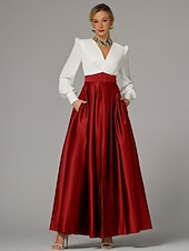 cheap GREEN-A-Line Evening Gown High Split Dress Formal Wedding Guest Floor Length Long Sleeve V Neck Fall Wedding Guest Satin with Pleats Slit