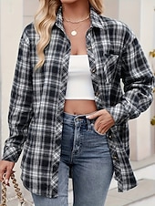 tanie Damskie bluzki robocze-bluzka damska plus size casual krata kieszeń długi rękaw regularne topy kołnierzyk koszulowy codzienny czarny wiosna&amp;amp;  jesień