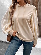 baratos Moletons e Sweatshirts Texturizados-moletom feminino com capuz, moda quente, simples, casual, férias, saída, com capuz, patchwork, solto, manga comprida, bege, primavera, outono, inverno