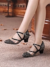 abordables Chaussures de danses latines-chaussures de danse à paillettes noires pour femmes avec brides croisées, semelle en daim souple et talons bas – parfaites pour les événements de salon, latins et de fête
