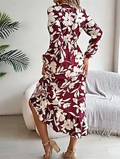 levne Elegantní květinové šaty-Dámské Midi šaty Volnočasové šaty Swingové šaty Áčkové šaty Na běžné nošení Denní Běžný Květinový Dlouhý rukáv Do V Fialová Trávová zelená Khaki Léto Jaro Podzim