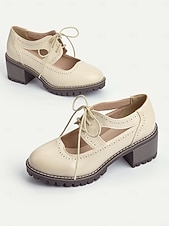 tanie Oksfordki damskie-kremowe, sznurowane, damskie buty typu oxford z wycięciami i grubą podeszwą – obuwie casualowe vintage do noszenia na co dzień