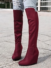 cheap Fashion Boots-Women&#039;s Over-the-Knee Wedge Boots – Suede-Style Burgundy High Boots with Elegant Design, Perfect for Winter Outings and Casual Chic