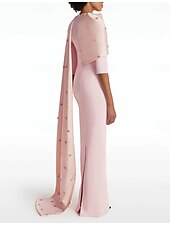 preiswerte BLAU-Säulenabendkleid Elegantes Kleid Formelle Hochzeit Bodenlänge 3/4-Länge Ärmel Juwelenhals Stretch-Crepé mit Strass Glitzerkristallen