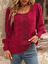 economico Top in Pizzo-Top Eleganti in Pizzo per Donna con Occhielli Maglietta Casual di Colore Solido Maniche Lunghe Collo a Giro Pizzo Patchwork Regolare Fit Giornaliero Romantico Petite Top Estivi da Vacanza Rosso