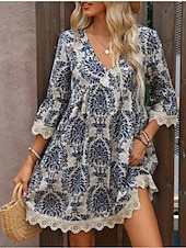 preiswerte Ausgefallene Kleider-Damen Minikleid Casual kleid Boho-Kleid Brautkleider schlicht Täglich Regular Fit Blumen 3/4 Ärmel V Ausschnitt Wein Blau Grün Sommer Frühling Herbst