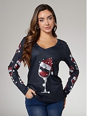 preiswerte Weihnachts-T-Shirts-Damen Bluse Langarm V-Ausschnitt Print Weihnachtsmannmütze Weingläser Urlaubs T-Shirt Schwarz Festlich Casual Party Top Bequem