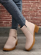 cheap Ankle Boots-Women&#039;s Grey Ankle Boots – Stylish Block Heel with Strap Details, Side Zip, and Rugged Sole for Casual and Outdoor Wear