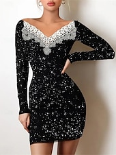 preiswerte Bodycon für den Klub-Damen schwarzes kleid Minikleid Spitze Patchwork Brautkleider schlicht Schulterfrei Langarm Schwarz Aprikose Farbe