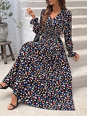 preiswerte Ausgefallene Kleider-Damen Maxidress Casual kleid Schaukelkleid A Linie Kleid Boho-Kleid Brautkleider schlicht Täglich Regular Fit Blumen Langarm V Ausschnitt Schwarz Weiß Grün Sommer Frühling Herbst