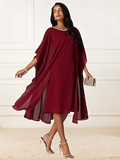 baratos Vestido de cocktail-Mulheres Comprimento do chá Vestido de formatura Elegante Coquetel Normal Meia Manga Gola Redonda Vermelho Verão Primavera