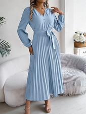 cheap Work Dresses-Women&#039;s Vintage Dress Mini Dress Pleated High Waist Elegant Formal V Neck Long Sleeve Blue Green Khaki Color
