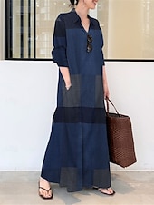 preiswerte Kleider für die Ferien-Damen kariertes Hemdkragen Maxikleid Langarm Frühling Herbst