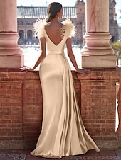 preiswerte Sekt-Meerjungfrau Abendkleid Elegantes Kleid Formell Sweep  Bürstenzug Ärmellos V-Ausschnitt Champagner Kleid Satin mit Federn