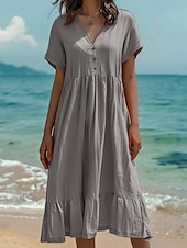 abordables concevoir des robes en coton et lin-Femmes Robe Midi Robes en coton et lin Robe d&#039;été Mode Occasionnel Quotidien Coupe régulière Couleur Unie Manche Courte Col en V Vert Claire Vert foncé Orange Gris foncé Été