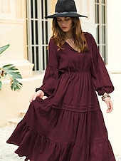 preiswerte Elegante Blumenkleider-Damen Maxidress Casual kleid Boho-Kleid Feste Farbe Retro Romantisch Täglich Verabredung Urlaub Patchwork Mit Gürtel Langarm V Ausschnitt Kleid Regular Fit Wein Herbst Winter S M L XL XXL