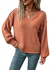 economico Colori solidi-Per donna Felpa Informale Morbido Colore puro A coste A V Lavorato a maglia Manica lunga Top regolari Maglia Esterno Giornaliero Fine settimana Rosso marrone Autunno Inverno
