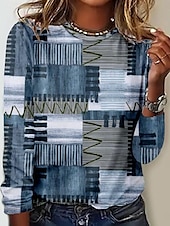 billige Stripe og geometrisk t-skjorte-Dame T skjorte Grafisk Mote Moderne Fritid Langermet Crew-hals Vanlige topper Daglig Helg Trykt mønster Blå Høst Vinter