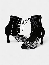 tanie Buty do tańców latynoskich-damskie sznurowane buty do tańca z odkrytymi palcami i wysokim obcasem – czerwony kwiatowy wzór z czarnym wycięciem do tańca latynoskiego i salsy
