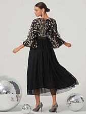 preiswerte SCHWARZ-A-Linien Abendkleid Elegantes Kleid Hochzeit Hochzeitsgast Knöchellang 3/4 lange Ärmel Juwelkragen Nylon mit Glitzer