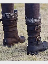 tanie Buty typu slouch-damskie buty ze skóry ekologicznej do połowy łydki z dzianinowym mankietem i podwójnymi paskami ze sprzączką – wygodne i stylowe obuwie zimowe