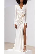 abordables BLANC-Robe de soirée sirène  trompette robe élégante invitée de mariage longueur de sol manches longues décolleté en V nylon avec cristaux