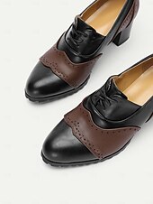 cheap 1950s-Women&#039;s Vintage-Inspired Two-Tone Faux Leather Brogue Oxfords with Block Heel - Classic and Comfortable for Work or Casual Wear