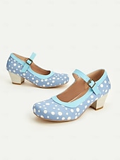  kvinnors blå prickiga Mary Jane-klackar – retro mellanklackskor med spänne för vintageinspirerade outfits och dansfester