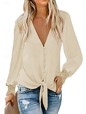 abordables Hauts de Travail pour Femmes-Femme Chemise manche longue Col V Noir Rose Claire Beige Printemps &amp; Automne