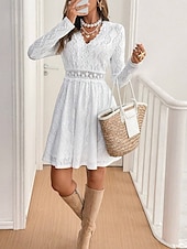 voordelige Witte kanten jurken-Dames Witte jurk Mini-jurk Kant Lapwerk Casual V-hals Lange mouw Wit Kleur